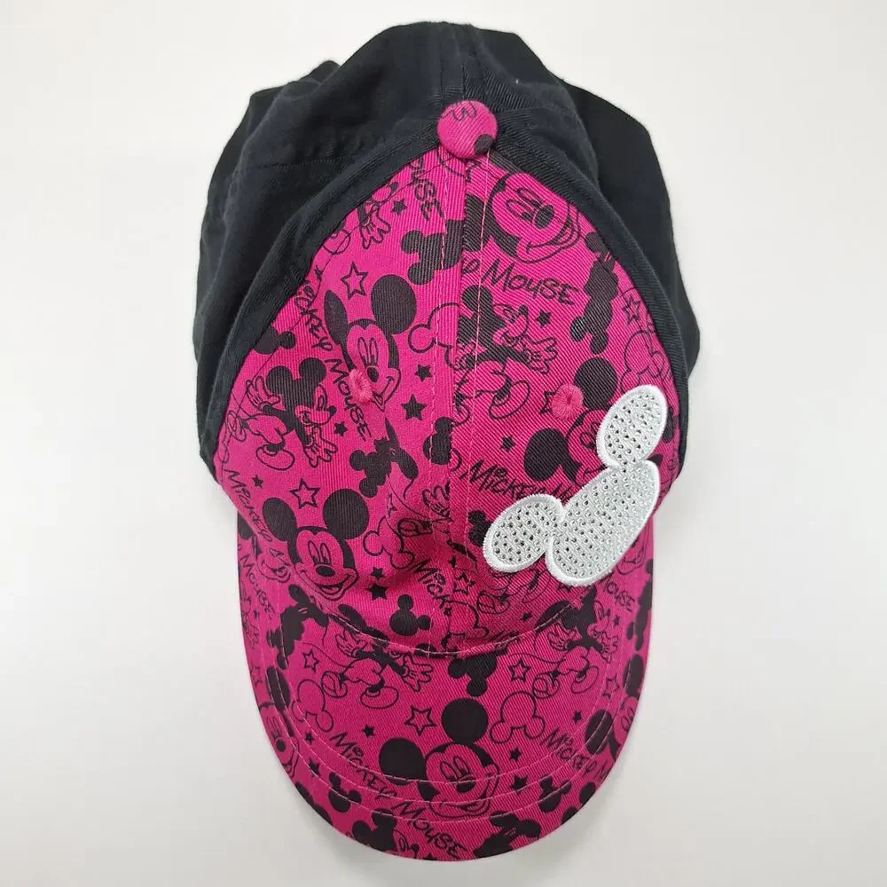Disney Parks Mickey Mouse Youth Pink Black Rhinestone Adjustable Baseball Cap
